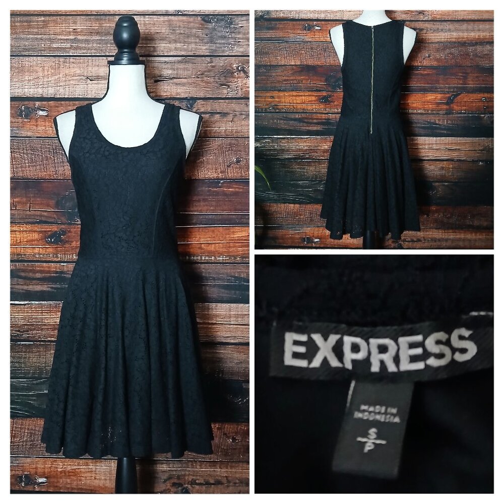 Express Dress S Black Lace Skater Fit & Flare Scoop Neck Zip Back 2012
